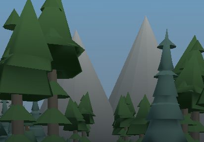 Scene from the Alaska Trail Surfer game: a forest trail with tall spruce trees and mountains